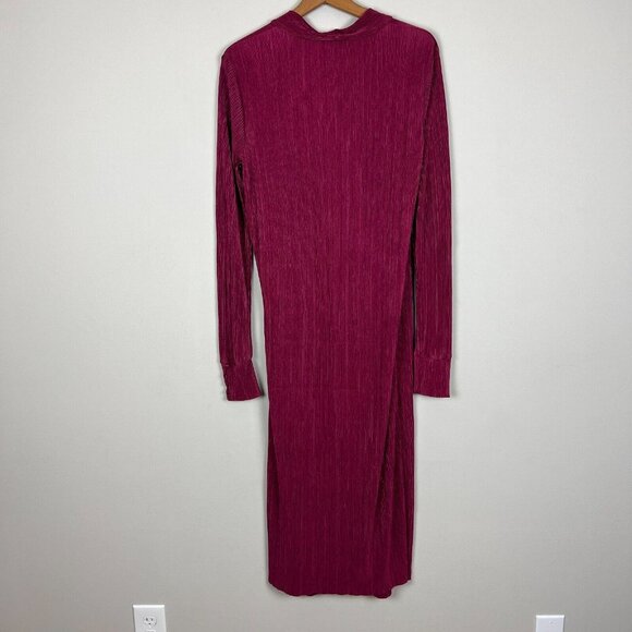 YAS Wrap Dress Womens Medium Wine Maxi Long Sleeve Ribbed V-Neck Slinky Stretch - Picture 10 of 13